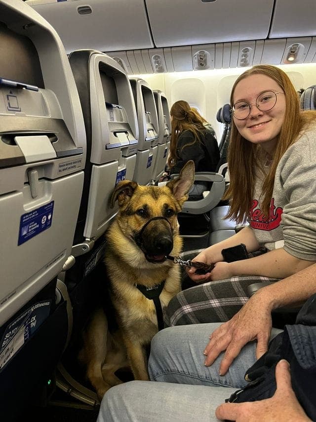 Tess Coffey and Lenny on an airplane.